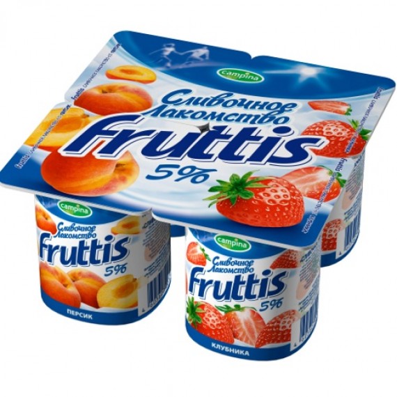 Йогурт 'Fruttis' (Фруттис) Сливочное лакомство персик и клубника 5,0% 115г (1шт) Campina