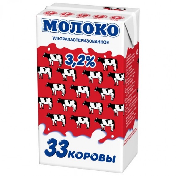 Молоко '33 Коровы' стерилизованное 3,2% 950г